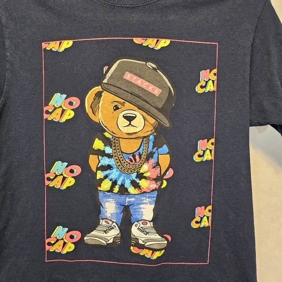 Hustle Stacks No Cap Dark Blue Teddy Bear Reppin the 80's 100% Cotton Size M - Picture 2 of 4